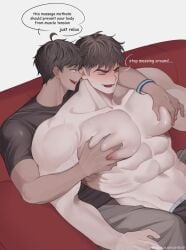 2boys abs ai_assisted bicep_vein biceps black_tshirt blush bo_hwang_(snowsalmon0x0) bracelet brown_hair brown_hair_male caring dialogue digital_art fingers_sinking gay gay_flag gay_male groping groping_chest laying_together male mlm mlm_flag muscles muscular muscular_male myeong_jin_(snowsalmon0x0) pec_grab pec_squeeze pec_worship pecs pectorals red_couch relaxing shirtless shoulder_muscles snowsalmon sofa soft_muscle soft_pecs sweat sweatdrop sweating veins vincian_pride_colors yaoi