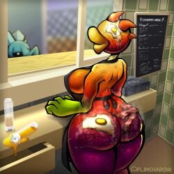 1girls anthro anthrofied apron ass ass_focus bacon big_breasts breasts chomper_(pvz) cooking egg eggs female fire fire_chomper_(pvz) flimshadow flora_fauna food food_on_ass food_on_body food_play peashooter_(pvz) plant plant_girl plant_humanoid plantie plants_vs._zombies plants_vs_zombies popcap_games pussy snow_pea_(pvz)