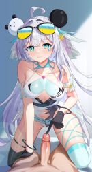 1boy absurdres ahoge armband asymmetrical_legwear bad_id bad_pixiv_id bare_shoulders black_gloves black_one-piece_swimsuit black_thighhighs blue_eyes blurry bokeh breasts character_request closed_mouth clothed_female_nude_male clothing_cutout collarbone commentary copyright_request cowgirl_position depth_of_field erection eyewear_on_head female frilled_armband frills gloves hair_intakes heart highres le_huo long_hair looking_at_viewer male medium_breasts mismatched_legwear multicolored_swimsuit navel_cutout nude one-piece_swimsuit pov smile swimsuit teardrop_facial_mark thighhighs thighs two-tone_one-piece_swimsuit uncensored white_hair white_one-piece_swimsuit white_thighhighs