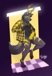absurd_res animal_genitalia animal_penis anthro balls big_balls big_penis black_body black_fur canid canine canis cervine checkered checkered_floor claws clothed clothing coyote deer deer_antlers digital_media_(artwork) erection fur genitals glowing glowing_genitalia glowing_markings glowing_penis hi_res hybrid knot looking_at_viewer male male/male mammal markings muscular open_clothing open_shirt open_topwear pattern_clothing pattern_shirt pattern_topwear penis plaid plaid_clothing plaid_shirt plaid_topwear seductive sheath shirt smile smirk solo standing tail theo_young topwear yellow_eyes yellow_markings