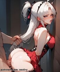 1boy 1boy1girl absurd_res ai_generated anime bent_over carlotta_(wuthering_waves) cute doggy_style female hairband hi_res highres long_hair male ozziru patreon pinned pulling_hair rough_sex self_upload sex straight uncensored white_hair wuthering_waves