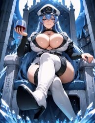 ai_generated akame_ga_kill! blue_hair boots breasts cleavage esdeath_(akame_ga_kill!) fr34ky huge_breasts military_uniform sitting