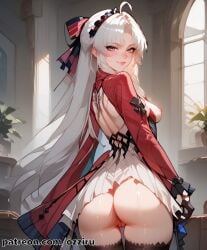 1boy 1boy1girl absurd_res ai_generated anime ass ass_focus ass_up carlotta_(wuthering_waves) cute female hairband hi_res highres long_hair male ozziru patreon self_upload straight uncensored upskirt white_hair wuthering_waves