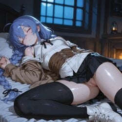 1girls ai_generated bedroom blue_hair female girly medieval mushoku_tensei night pussy roxy_migurdia skirt sleep sleeping solo upskirt