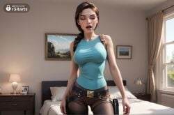 1girls ai_generated bed bedroom belt black_pantyhose braid breasts brown_hair brown_shorts closed_eyes cowboy_shot curtains day eyeshadow gun hair_over_shoulder handgun hi_res holster indoors lamp lara_croft lara_croft_(survivor) large_breasts lips long_hair makeup nose on_bed open_mouth pantyhose r34arts shirt short_shorts shorts single_braid sleeveless solo taut_clothes thigh_holster tomb_raider tomb_raider_(survivor) window