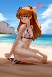 1girls 2d ai_generated areolae ass asuka_langley_sohryu back bare_shoulders beach big_ass bikini bikini_pull bikini_top blue_eyes day erophoenix female female_focus full_body long_hair looking_at_viewer neon_genesis_evangelion ocean orange_hair outdoors pale_skin pale_skinned_female patreon_username red_bikini sky small_breasts solo swimsuit thick thick_thighs uncensored