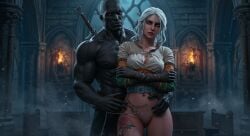 3d 3d_(artwork) 3d_model abs ai_generated blacked ciri cirilla_fiona_elen_riannon half_naked interracial leshay7 muscular muscular_male no_panties sword the_witcher_(series) the_witcher_3:_wild_hunt