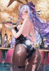 ai_generated alcohol ass ass_focus back_view bartender big_ass bunny_ears bunny_girl bunny_tail bunnysuit casino embarrassed_female female_focus purple_hair raaicave vivian_(zenless_zone_zero) waitress zenless_zone_zero