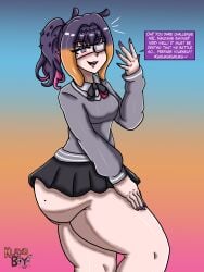 1girls artist_logo artist_name ass beauty_mark big_ass big_butt big_thighs bottom_heavy bottomless eyepatch female hololive hololive_english hololive_myth huge_ass huge_butt huge_thighs klaxoboyo leg_up mole mole_on_ass ninomae_ina'nis pink_highlights purple_eyes purple_hair purple_nails school_uniform schoolgirl short_skirt side_ponytail side_view text text_box text_bubble thighs virtual_youtuber vtuber