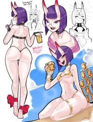 1girls 2d 2d_(artwork) ass back back_view beer big_ass bikini blush blush choker fate/grand_order fate_(series) female female_only glasses golden_bikini horns looking_at_viewer petite purple_eyes purple_hair short_hair shuten_douji_(fate) small_breasts solo solo_female thick_thighs thighs thong underboob wanderjegson