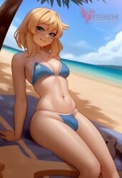 1boy 2d ai_generated ass bangs barefeet big_ass bikini blonde_hair bridget bulge erection erection_under_clothes erophoenix feet full_body green_eyes guilty_gear looking_at_viewer looking_back male male_focus navel nude otoko_no_ko pale_skinned_male patreon_username penis sitting smile soles solo solo_male sweat swimsuit thick thick_thighs toes uncensored