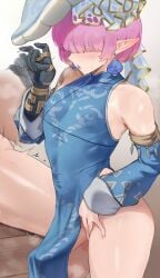 2025 blush bodily_fluids cece_link clothing erection erection_under_clothing femboy genitals hair humanoid humanoid_pointy_ears hylian jtveemo link link_(tears_of_the_kingdom) male male_only nintendo penis pink_hair pointy_ears solo sweat sweatdrop the_legend_of_zelda