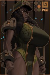 1girls african african_female armor big_breasts black_hair breasts clothing dark-skinned_female dark_skin female hat human large_breasts long_hair muscular muscular_female neozoa nz_naughty original_character shackles solo thick_thighs wide_hips
