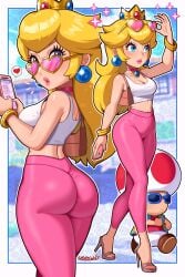 absurdres ass bag bangle blonde_hair blue_eyes bracelet breasts cellphone choker crop_top crown earrings eyewear_on_head female high_heels highres holding holding_phone jacket jewelry large_breasts legs lipstick long_hair makeup mario_(series) midriff navel nintendo open_clothes open_jacket pants phone pink_choker pink_pants princess_peach sarukaiwolf shoulder_bag smartphone smile sphere_earrings sunglasses tank_top tinted_eyewear toad_(mario) white_tank_top yoga_pants