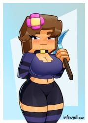 breasts clothed female female_only infrayellow jenny_belle_(slipperyt) looking_at_viewer minecraft pickaxe smug solo_female