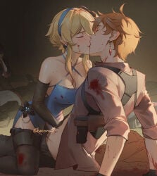 1boy 1girl blonde_hair childe_(genshin_impact) chocorutt cleavage closed_eyes female genshin_impact ginger kissing light_skin lumine_(genshin_impact) male male/female on_lap passionate passionate_kiss revealing_clothes romantic sitting_on_lap straddling straight tartaglia_(genshin_impact) thighhighs