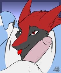anthro between_legs bukmar canid canine duo erection fur genitals hi_res looking_at_viewer mak_aholic male male/male mammal nude nuzzling_penis penis red_body red_eyes red_fur sergal tongue