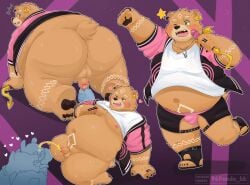 96panda anthro anus ass audience backsack balls bear belly bodily_fluids bottomless bottomless_anthro bottomless_male bottomwear brown_body brown_fur bulge clothed clothing crave_saga electronics fur gabu_(crave_saga) genital_fluids genitals group hi_res japanese_idol male male/male mammal microphone moobs navel nipples overweight peeing penis perineum shorts urine urine_in_mouth