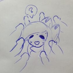 1girls 8boys ami_(gwain_saga) cat_ears confusion fully_clothed fully_clothed_female gwain_saga headband insane_okamy nervous questionable_consent sketch surrounded_by_penises sweating