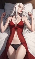 1girls ai_generated bewitching_thighs bigmic145 breasts carmilla_(castlevania) castlevania castlevania_(netflix) lips long_hair medium_breasts negligee nightgown panties red_dress see-through see-through_clothing sleeping thighs vampire vampire_girl white_hair