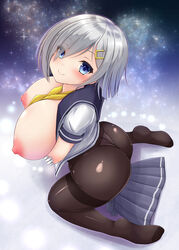 ass between_breasts black_legwear blue_eyes blush breast_hold breasts curvy eyebrows_visible_through_hair eyes_visible_through_hair female gloves hair_ornament hair_over_one_eye hairclip hamakaze_(kantai_collection) highres huge_breasts huge_nipples kantai_collection looking_at_viewer looking_up neckerchief okatora open_clothes open_shirt panties panties_under_pantyhose pantyhose pleated_skirt school_uniform serafuku shadow shiny shiny_hair shiny_skin short_hair silver_hair skirt skirt_removed smile solo thong thong_panties underwear white_gloves yellow_neckwear