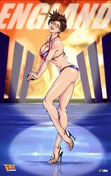 1girls ass big_breasts bikini bra breasts brown_hair cleavage european faymantra female female_only flag_bikini high_heels large_breasts looking_at_viewer open_toe_shoes overwatch overwatch_2 solo tank_top tracer union_jack union_jack_bikini union_jack_tracer