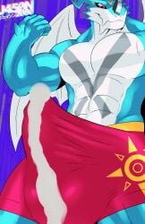 animated anthro bandai_namco barazoku bodily_fluids bulge clothing cum cuming cumshot digimon digimon_(species) dragon ejaculation exveemon flexing genital_fluids hi_res j450n2080 male muscular mythological_creature mythological_scalie mythology scalie showoff solo throb underwear