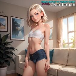1femboy ai_generated blonde_hair blue_eyes bulge crop_top cute femboy feminine feminine_male jean_shorts jeans kettleman minishorts nipples_visible_through_clothing penis_bulge petite seductive sexy sissy slender_waist slim_waist solo standing trap twink