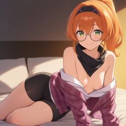 ai_generated bandana bike_shorts breasts buttoned_shirt ginger glasses green_eyes jacket ponytail small_breasts thighs