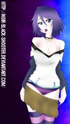 blue_eyes breasts brown_skirt candy cleavage food jewelry lollipop multicolored_background necklace open_mouth panties purple_hair purple_panties rosario+vampire shirayuki_mizore shirt simple_background skirt skirt_pull striped striped_legwear underwear white_shirt