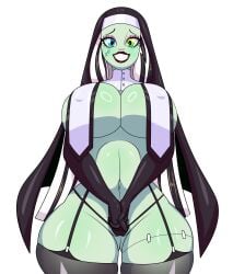 1girls big_breasts black_hair female female_only frankie_stein green_eyes green_skin jose12mexico looking_at_viewer makeup monster_high nun nun's_habit nun_outfit shy_smile white_hair