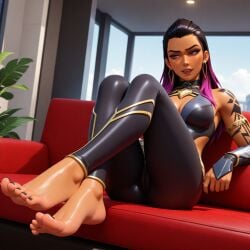 ai_generated ass black_toenails earrings feet latina purple_eyes pussy_outline reyna_(valorant) skintight toes valorant