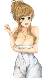 1girls bare_shoulders blonde_hair blue_eyes breast_hold breasts cleavage collarbone covered_navel gatsby_ssl hair_bun hand_up highres idolmaster idolmaster_cinderella_girls impossible_clothes jewelry large_breasts long_hair naked_towel ohtsuki_yui ootsuki_yui open_mouth pendant simple_background single_hair_bun solo teeth towel white_background