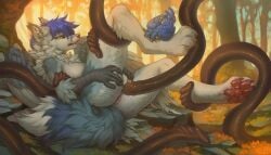 anthro anus avian bird blue_hair blue_tail claws dipstick_tail enfield female fur furry_only gabriel_serealia genitals grey_body grey_claws grey_fur hair hioshiru humanoid_genitalia humanoid_pussy markings north_(gabriel_serealia) pawpads penetration pink_nose pink_pawpads pussy solo tail tail_markings tentacle tentacle_on_female vaginal_penetration white_body white_fur white_tail_tip wings yellow_eyes