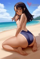 1girls 2d ai_generated areolae ass back bare_shoulders beach big_ass bikini bikini_pull black_hair blue_bikini blue_eyes brown_eyes competition_swimsuit dark_skin dark_skinned_female day erophoenix female female_focus full_body hairclip hayase_nagatoro jewelry long_hair looking_at_viewer ocean one-piece_swimsuit one-piece_tan outdoors patreon_username please_don't_bully_me,_nagatoro pointy_ears sitting skin_fang sky small_breasts smile solo swimsuit tan tan_body tan_lines tanline thick thick_thighs uncensored