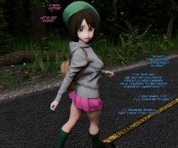 1girls 3d backpack beret brown_eyes brown_hair caption dialogue female gloria_(pokemon) green_socks hoodie medium_breasts netorare ntr pokemon pokemon_ss pokemon_trainer sic_phuck skirt socks teen teen_girl teenage_girl teenager walking