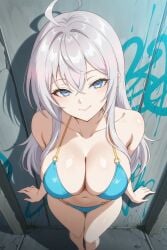 1girls ai_generated alisa_mikhailovna_kujou bikini blue_eyes breasts closed_mouth hi_res high-angle_view long_hair looking_at_viewer mole navel pose russian_girl silver_hair smile solo teenager tokidoki_bosotto_russian_de_dereru_tonari_no_alya-san