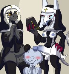 absurd_res anon anthro avian balls bible blush breasts clothing dominant dominant_female dress eyewear female futanari genitals glasses gynomorph hi_res humanoid_genitalia humanoid_penis intersex intersex/intersex interspecies machine nevrean nuns penis praying reptile robot scalie shizameakanzatsu teeth tongue worship