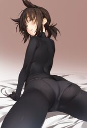 ass back black_hair bodystocking bodysuit female hair_flaps hatsuzuki_(kantai_collection) kantai_collection liquify open_mouth panties short_hair short_ponytail skin_tight solo underwear