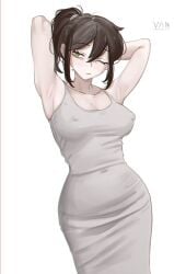 1girls armpit armpits arms_up big_breasts black_hair breasts busty casual_clothes clothed dark_hair dongtan_dress female female_focus goth goth_girl green_eyes hips huge_breasts large_breasts milf mother nipple_bulge nipples_bulge older_female pale-skinned_female pale_skin renee_graves the_coffin_of_andy_and_leyley vaniste