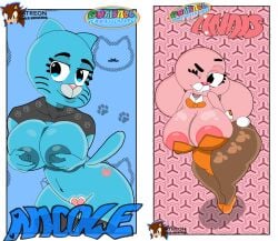 aged_up anais_watterson big_breasts breasts holding_breast huge_breasts looking_at_viewer mature_female nicole_watterson nipple_bulge playboy_bunny posing text the_amazing_world_of_gumball