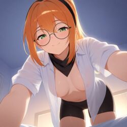 ai_generated bandana bike_shorts breasts buttoned_shirt ginger glasses green_eyes ponytail small_breasts thighs