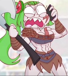 abs american_female angry armpits biceps big_breasts bikini breasts curvy_hips flexing green_hair kratos_(cosplay) muscles muscular muscular_female sharp_teeth strong_female thick_thighs vannamelon_(copyright) watermelon youtuber_girl