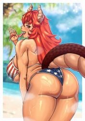 1girls american_flag_bikini ass big_ass bikini dragon_girl dragon_tail female female_only flag_bikini flag_print horns long_tongue ompongworks open_mouth red_hair solo tail tan-skinned_female tan_body tan_skin tongue tongue_out vshojo zentreya zentreya_(dragon)