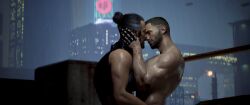 3d 3d_model 3d_render bare_chest bicep biceps cd_projekt_red cgi city city_background cityscape cyberpunk cyberpunk_2077 cyberpunk_2077:_phantom_liberty gay gay_male goro_takemura hands_on_head kissing male male/male male_only manbun muscles night_city night_sky shaved_head shirtless souperman takemura v_(cyberpunk_2077)