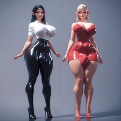 2futas 3d ai_generated big_breasts big_penis breasts bulge curvy duo elf_ears futa_only futanari quantrup simple_background voluptuous