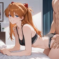 1boy 1girls ai_generated asuka_langley_sohryu bed cleavage doggy_style looking_at_viewer netorare panties sex sports_bra