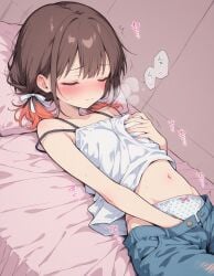 ai_generated brown_hair closed_eyes female female_only fingering fingering_self hand_on_breast holding_breast lying lying_on_back lying_on_bed masturbation original_character panties pleasure_face pleasured rubbing short_hair sitting small_breasts