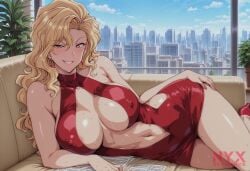 1girls ai_generated blonde_hair golden_boy huge_breasts madame_president nyxworks office office_lady onna_shachou red_dress retro_artstyle