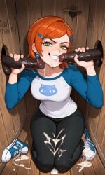 ai_generated bbc blacked cum_on_lower_body cum_on_shoes evil_smile glory_hole gwen_tennyson masturbating_during_fellatio multiple_penises